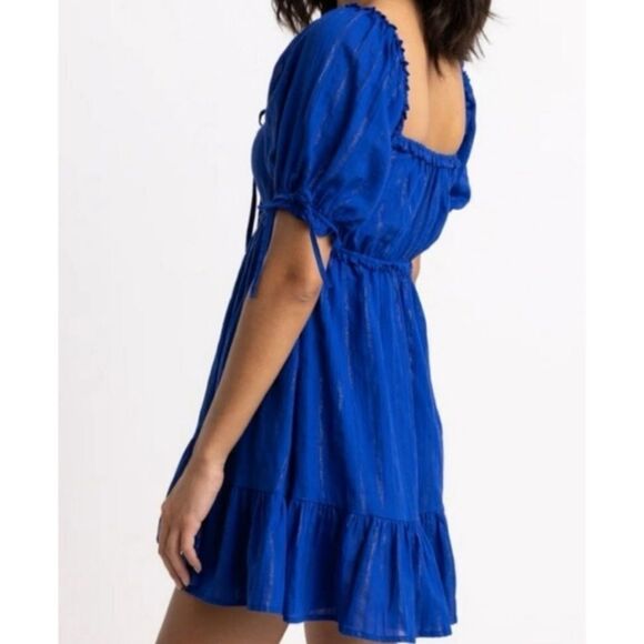 Cake FOR Dinner Caraway Mini Dress Colbalt Stripe Ruffle Puff Sleeve Size XXS - Picture 2 of 7